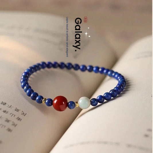 Deep Blue Lapis Lazuli Crystal Bracelet with Red Sun Bead, Calm Mind & Confident Communication Protection Bracelet, Gift Set with Blessing Video