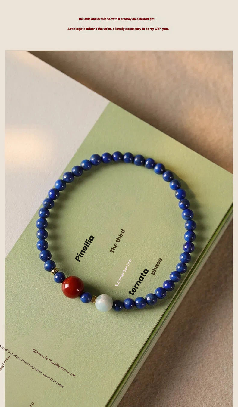 Deep Blue Lapis Lazuli Crystal Bracelet with Red Sun Bead, Calm Mind & Confident Communication Protection Bracelet, Gift Set with Blessing Video