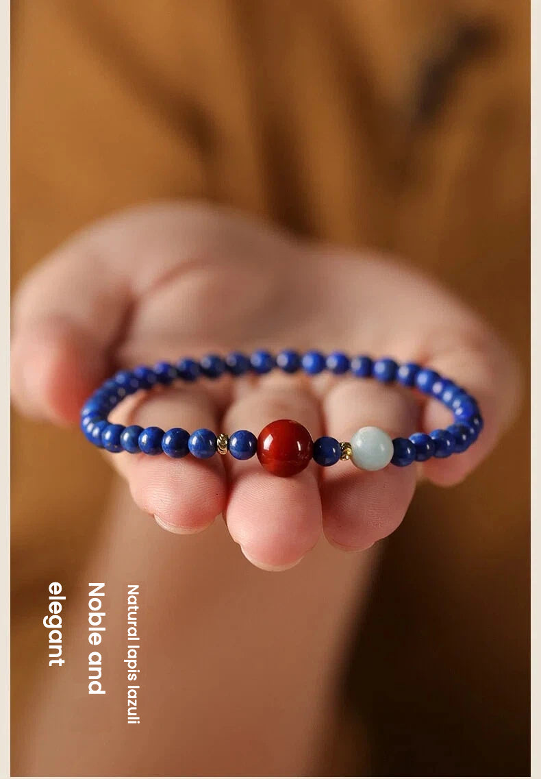 Deep Blue Lapis Lazuli Crystal Bracelet with Red Sun Bead, Calm Mind & Confident Communication Protection Bracelet, Gift Set with Blessing Video
