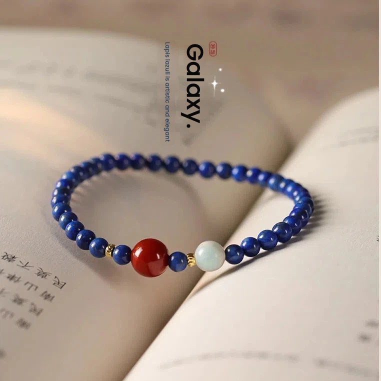 Deep Blue Lapis Lazuli Crystal Bracelet with Red Sun Bead, Calm Mind & Confident Communication Protection Bracelet, Gift Set with Blessing Video