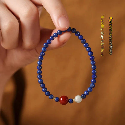Deep Blue Lapis Lazuli Crystal Bracelet with Red Sun Bead, Calm Mind & Confident Communication Protection Bracelet, Gift Set with Blessing Video