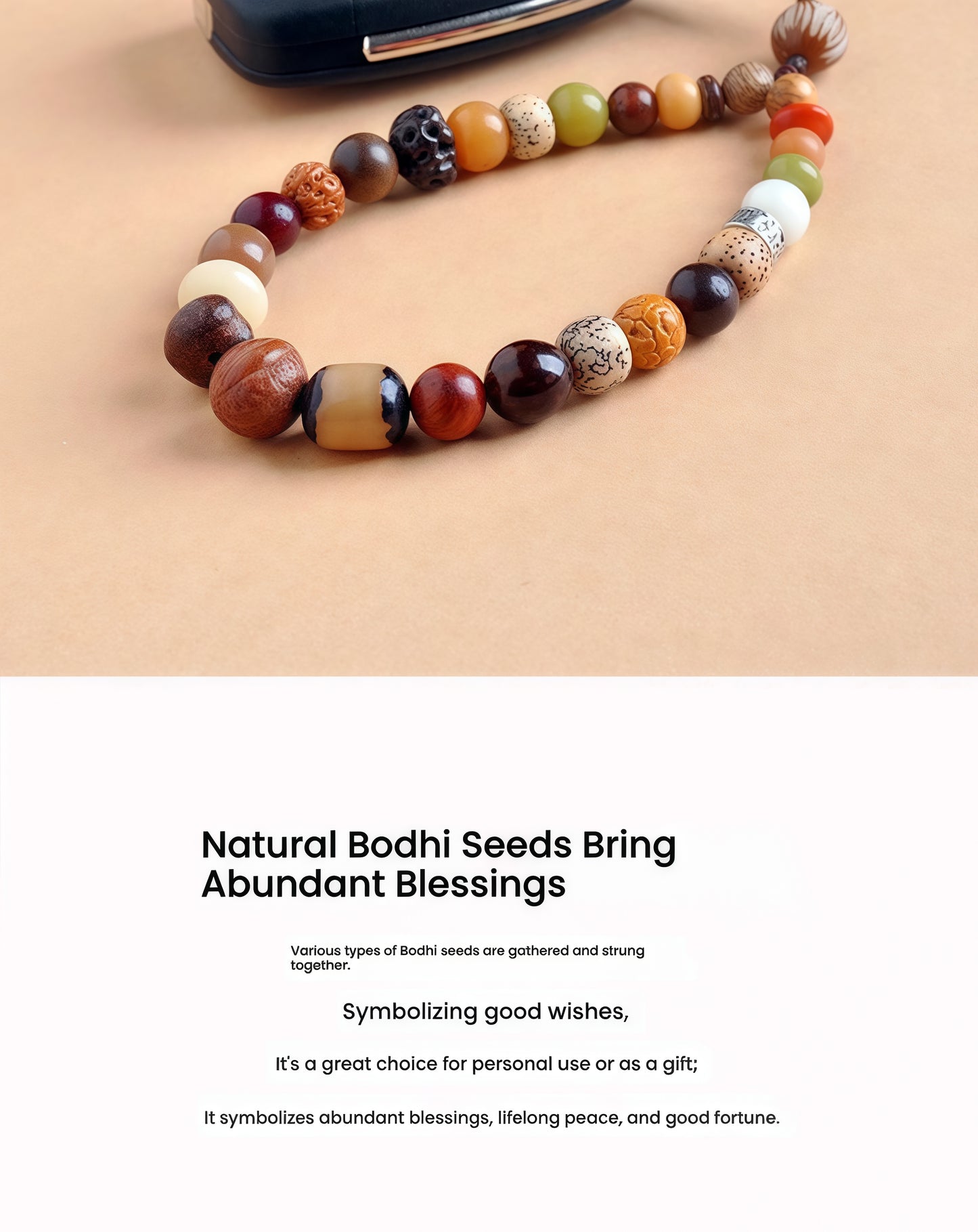 18-Seed Bodhi Bracelet Keychain - Calm Mind, Pure Thoughts, Spiritual Growth, Elastic Layering