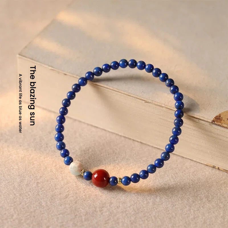 Deep Blue Lapis Lazuli Crystal Bracelet with Red Sun Bead, Calm Mind & Confident Communication Protection Bracelet, Gift Set with Blessing Video