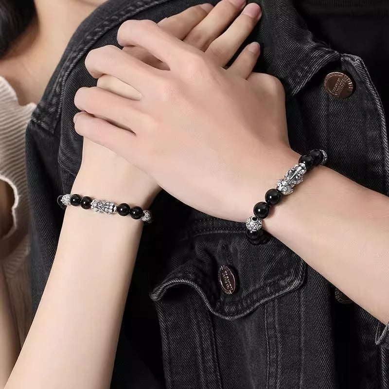 Black Obsidian Tiger Eye Pixiu Bracelet, Protection & Wealth Energy Beaded Bracelet