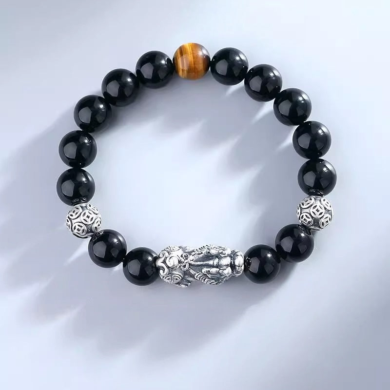 Black Obsidian Tiger Eye Pixiu Bracelet, Protection & Wealth Energy Beaded Bracelet