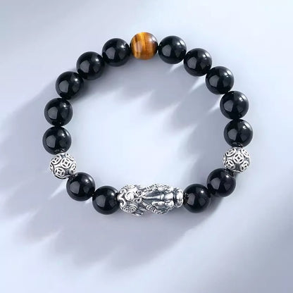 Black Obsidian Tiger Eye Pixiu Bracelet, Protection & Wealth Energy Beaded Bracelet