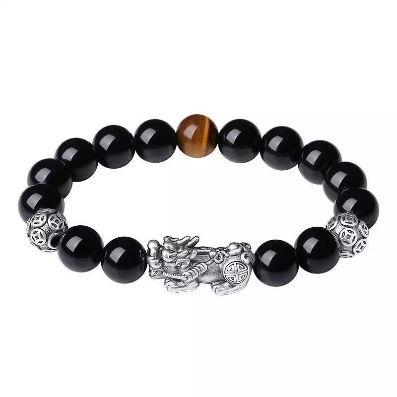 Black Obsidian Tiger Eye Pixiu Bracelet, Protection & Wealth Energy Beaded Bracelet