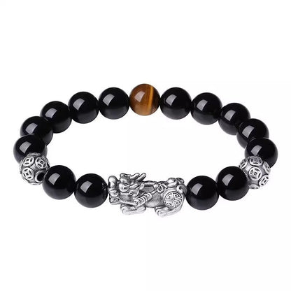 Black Obsidian Tiger Eye Pixiu Bracelet, Protection & Wealth Energy Beaded Bracelet