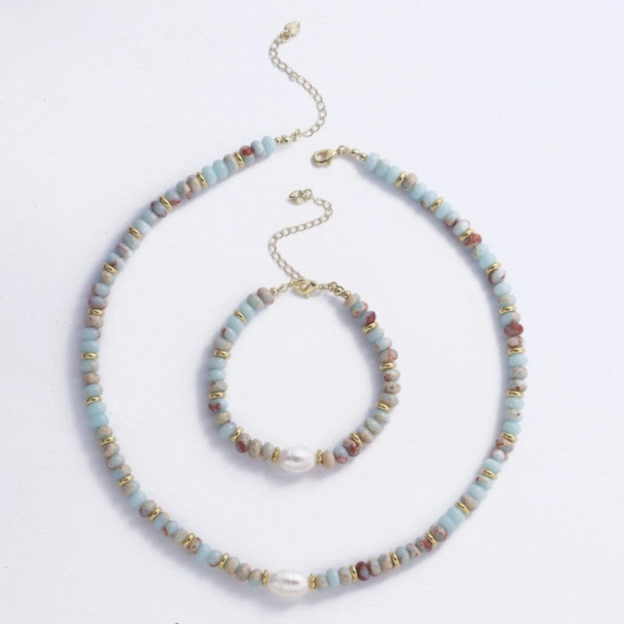 Shoushan Stone & Freshwater Pearl Necklace or Bracelet, Pastel Beaded Calming Energy Jewelry