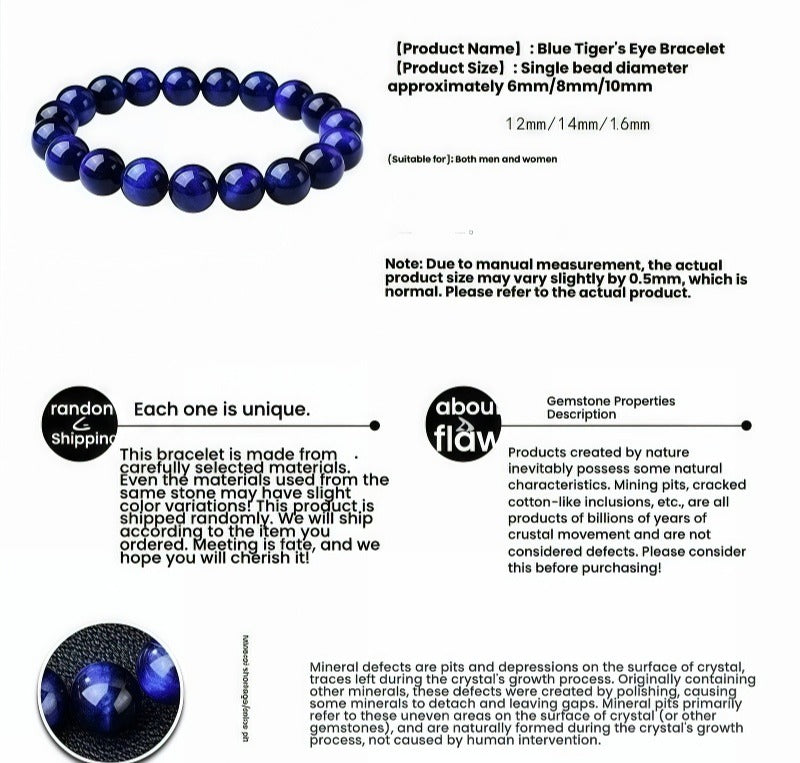 Blue Tiger Eye Bracelet, Deep Navy Crystal Anxiety Bracelet for Protection, Confidence & Focus,