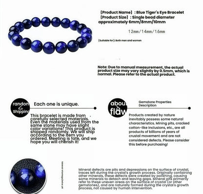 Blue Tiger Eye Bracelet, Deep Navy Crystal Anxiety Bracelet for Protection, Confidence & Focus,